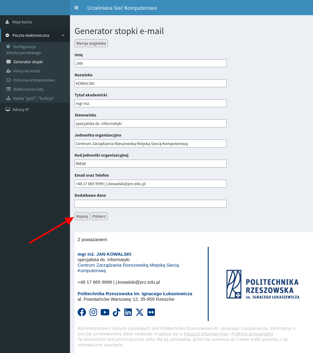Widok generatora stopki na stronie https://cp.prz.edu.pl.